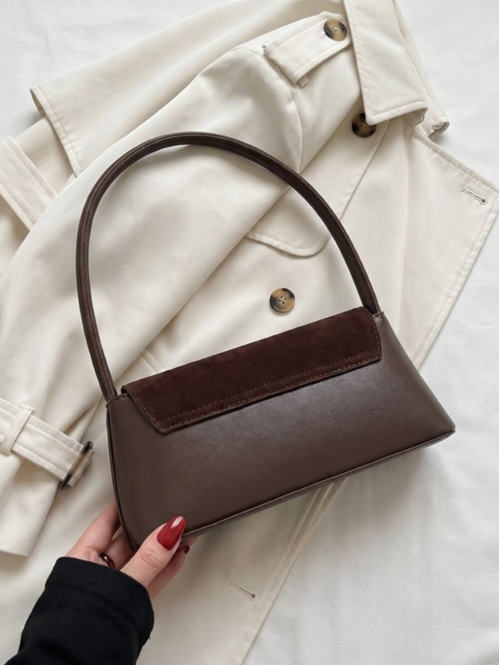 Women's Brown Suede Look Vintage Shoulder Bag Retro French Underarm Clutch Purse - Picture 4 of 5